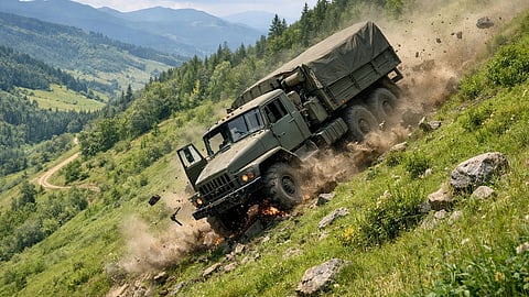 A military truck speeds down a steep, rocky hillside, kicking up dust and debris. Rugged terrain and forested mountains fill the background under a cloudy sky.