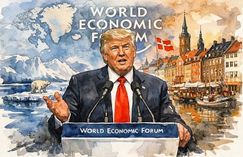 An AI generated editorial-style illustration of former US President Donald Trump speaking at the World Economic Forum in Davos. Trump stands at a podium with a blurred WEF logo in the background, wearing a dark suit and red tie, gesturing confidently. Behind him, a subtle split-scene composition shows an icy Arctic landscape representing Greenland on one side and a Nordic cityscape symbolizing Denmark on the other
