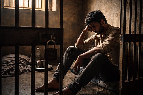 A man sits sadly in a prison cell, resting his head on his hand.