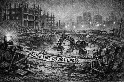 A foggy night scene in Greater Noida showing an abandoned construction site with a large, water-filled pit surrounded by broken barricades and missing safety reflectors. Emergency lights and police tape in the foreground, partially submerged construction equipment, and dim city lights in the background. The atmosphere is dark, somber, and investigative, symbolizing negligence, corruption, and urban infrastructure failure