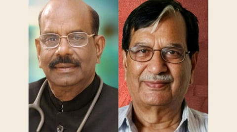 Padma Shree Awardees Dr Rajendra Prasad and K.K. Thakral in side-by-side portraits. Dr Rajendra Prasad on the left wears glasses, a stethoscope, and a black coat, reflecting professionalism. K.K. Thakral on the right also wears glasses and a striped shirt.