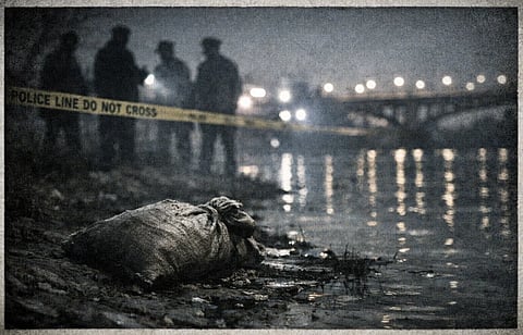 A dark, moody news illustration depicting a crime investigation scene in Agra, Uttar Pradesh. Nighttime setting near a canal close to the Yamuna River, with faint mist in the air. A gunny bag lying near the water’s edge, partially illuminated by distant police vehicle lights. Silhouetted police officers and investigators in the background, blurred and out of focus