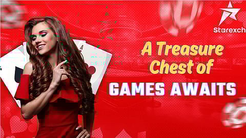 A woman in a red dress smiles confidently with playing cards and poker chips on a vibrant red background. Text reads, "A Treasure Chest of Games Awaits."