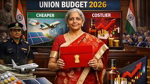 AI image representing Finance Minister Nirmala Sitharaman in a red sari holds the red digital "bahi-khata" with the Indian emblem. Behind her, "Union Budget 2026" is displayed with graphics showing changes in prices, including items like solar panels and liquor, and an officer stands by her side. Indian flags are visible, conveying a formal and official mood.
