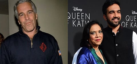 Left image is of convicted sex offender Jeffrey Epstein. Right image is of NYC Mayor Zohran Mamdani with his mother Mira Nair.