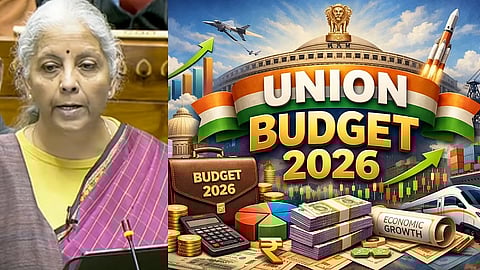Nirmala Sitharaman in a pink sari speaks at a podium. Next to her, a vibrant illustration features "Union Budget 2026" with colorful graphs and economic symbols.