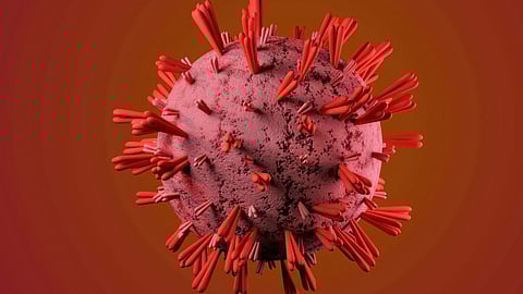 A detailed 3D rendering of a red virus-like cell with numerous spike proteins against a gradient red-orange background, conveying a scientific and intense tone.