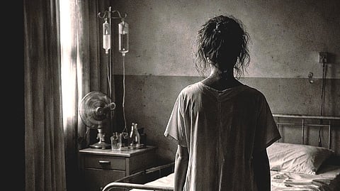 A person in a hospital gown stands alone in a dimly lit, vintage hospital room. The mood is somber, with an unmade bed and IV stand nearby.
