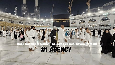 A bustling scene at the Grand Mosque in Mecca, with pilgrims wearing white garments. The atmosphere is serene and spiritual. Text overlay reads, "Book December Umrah Packages Special Offers from UK #1 Agency."