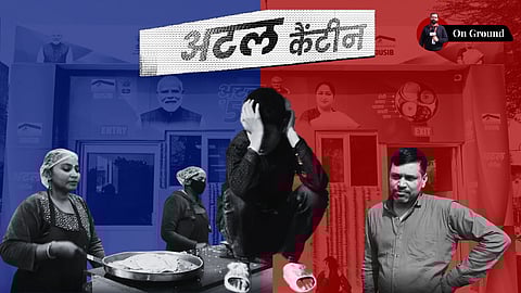 Two workers serving food in the Atal Canteen, atal canteen in the background, a boy in in his early teen sitting with his head resting on his palm, and a man- worker for the Atal Canteen