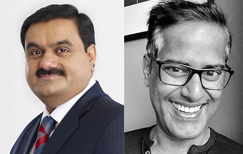 Left image is of Gautam Adani the Chairman of Adani Group. right black and white selfie image is of journalist Ravi Nair