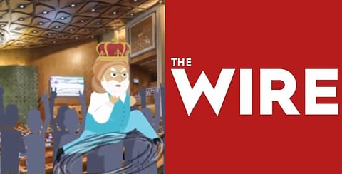Image of parody of PM Modi with a crown and blue robe stands among a crowd in a hall. The image is of "The Wire" logo on a red background.