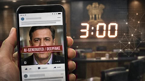 A hand holds a phone showing a man's image labeled "AI-Generated/Deepfake." In the background, a blurred room and large "3:00" display suggest urgency.