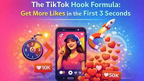 Illustration of a smartphone with a smiling woman inside, wearing headphones. A magnet, a rocket, and floating hearts show TikTok engagement themes. Text reads, “The TikTok Hook Formula: Get More Likes in the First 3 Seconds.”