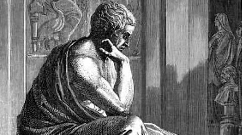 A man draped in a robe sits pensively, supported by one hand. Carved reliefs and statues decorate the background, evoking a contemplative, historical ambiance.