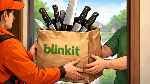 Animated image showing a Blinkit bag being delivered with large knives sticking out the top.
