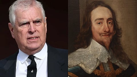 Left image is of former prince Andrew Mountbatten-Windsor grinding his teeth, right image is a historical painting of King Charles I, a man in ornate clothing with long hair.