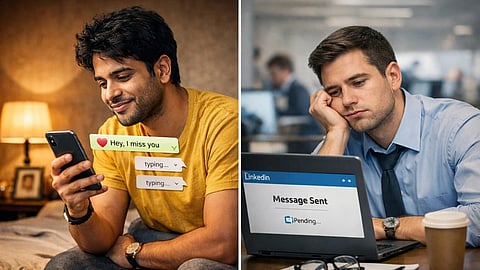 Left shows a smiling man in a yellow shirt receiving affectionate texts, conveying warmth. Right shows a bored man waiting for a LinkedIn reply.