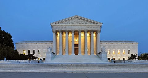 Panorama of the west facade of United States Supreme Court Building at dusk in Washington, D.C., United States of America.
