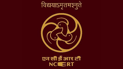 Golden emblem featuring three stylized swans in a circle with Hindi and English text for NCERT, set against a dark maroon background.