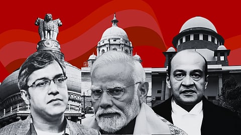 A collage with three serious-looking men in front of Indian government buildings and a red background. Icons include the Ashoka Pillar and a dome.