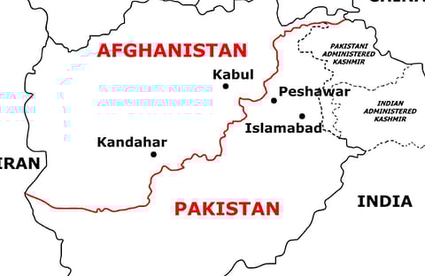 Map locating afghanistan and pakistan. the texts are bold and are written in red font colour