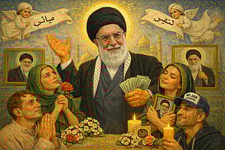 AI generated satirical image of Ayatollah Ali Khamenei where people are worshipping him and even seeing him. the people are seen holding money roses and candles in the image.
