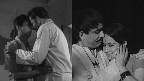 In the image a collage of two stills from a movie is shown in one side a man is shown in a intimate relationship with another man and in another side the same man is in a intimate relationship with a woman