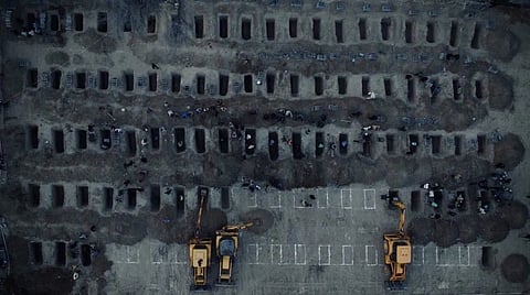 A drone shot of Minab, Iran, where JCBs are digging graves of hundreds of school children reportedly bombed by US-Israel attacks