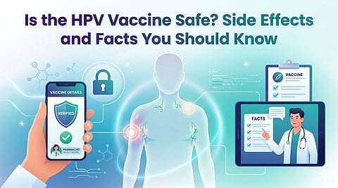 Digital illustration on HPV vaccine safety, showing a holographic human figure, a mobile phone with verified vaccine details, and a doctor explaining facts.