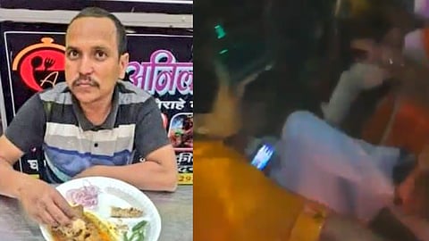 In one side a man is shown eating non veg in a restaurant and in other side the people are shown hitting him