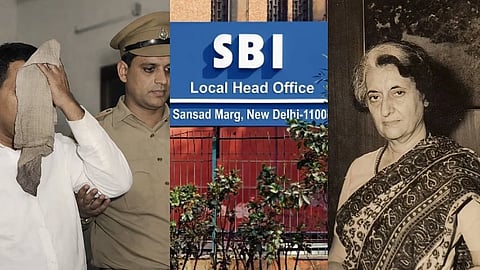 In the image a collage of three images is shown with in one image police is taking a person in 2nd image SBI board is shown and in third image Indira Gandhi is shown