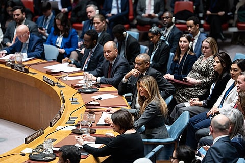 First Lady Melania Trump presides over a meeting of the United Nations Security Council at United Nations Headquarters in New York City, Monday, March 2, 2026.