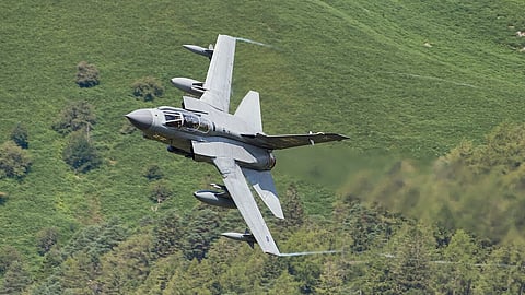 Royal Air Force Panavia Tornado GR4 flying through Mach Loop