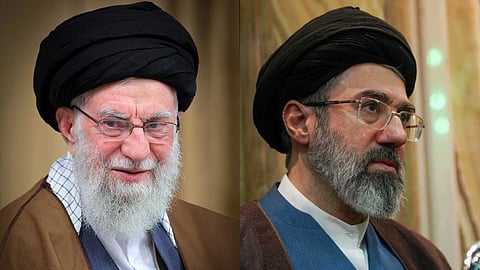 The collage of two images on the left side is Ayatollah Ali khamenei with white beard and wearing religious outfit on the right side have Mojtaba Khamenei wearing similar outfit with glasses