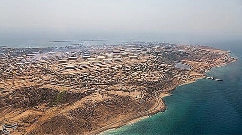 Aerial view of Kharg Island with oil producing facilities visisble
