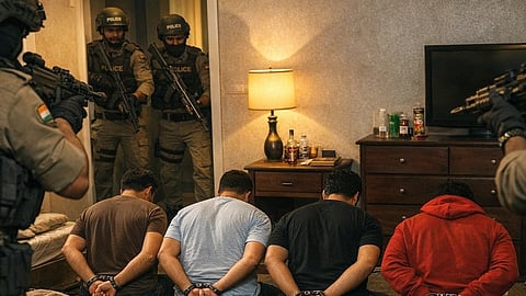 Four handcuffed individuals kneel in a dimly lit room as armed officers stand guard, creating a tense atmosphere. Money and items are scattered on the floor.