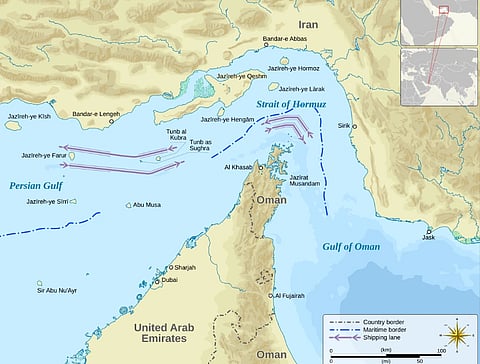 Map of the Strait of Hormuz highlighting borders and shipping lanes between the Persian Gulf and Gulf of Oman. Includes parts of Iran, Oman, and UAE.