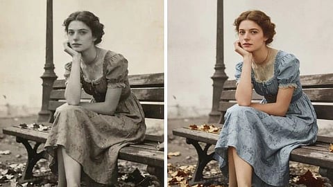 two graphics of a woman sitting in a dress on a bench, one in black and white