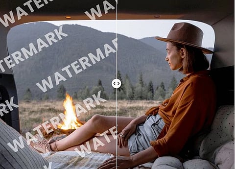 A woman sits back in a camper with a fire in the background - half screen has watermark
