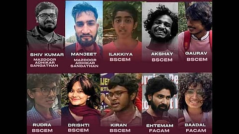 A collage of 10 activists illegally detained by Delhi Police with their names and associated organisations