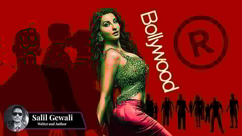 A glamorous woman poses confidently against a bold red backdrop featuring stylized silhouettes and the word "Bollywood." A badge labels "Salil Gewali, Writer and Author."