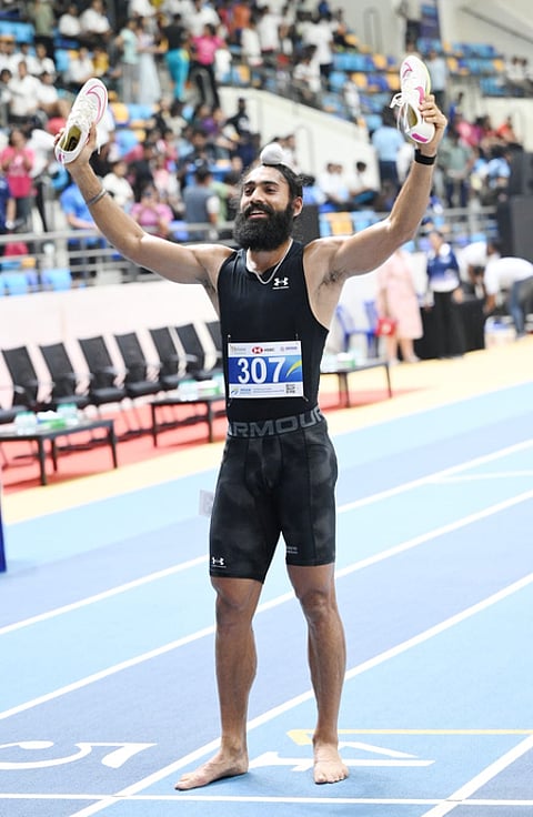 Gurvindervir Singh sprints to glory in 60m dash on the final day of the two-day first National Indoor Athletics Championships at Indoor Stadium in Bhubaneswar on Wednesday. Photo credit: AFI