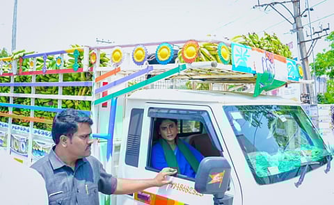Andhra Congress chief Sharmila drives truck loaded with bananas to highlight farmers’ plight
