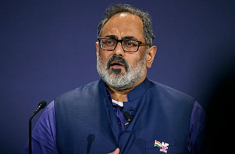 Kerala Assembly election 2026: Image of BJP state president rajeev chandrasekhar speaking on day one of the UK AI Summit at Bletchley Park. he is wearing a dark blue vest coat with a dark blue background.