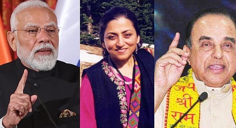Left image is of PM Narendra Modi with his right hand raised which is pointing upwards. Right image is of Subramanian Swami with both his hands raised upwards. In the middle old image of Hindutva commentator Madhu Purnima Kishwar is there