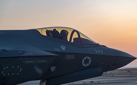 Image of Israeli Air Force F-35I Adir, Operation Roaring Lion 2026. the background depicts a yellowish orange sky.