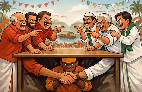 Satirical image generated through AI depicting an under the table deal between both Congress and CPI (M). the both are pointing towards each other and accusing each other of having a deal with RSS.