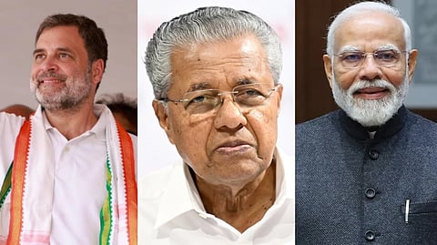 From the left image of Rahul Gandhi from the Ranni rally. he is wearing shawl around his neck symbolising INC. The center image is of Kerala CM Pinarayi Vijayan. The far right image is of PM Narendra Modi in a dark grey vest coat.