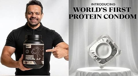 Man smiling, holding protein powder container, pointing at it. Next to him, a mock-up of a "protein condom" on a pedestal with text above. Humorous tone.